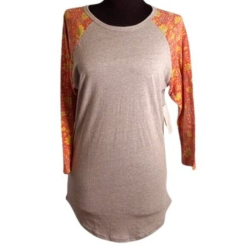 LuLaRoe S Randy Raglan Baseball Tee Shirt Gray Orange Floral 3/4 Sleeves NEW
